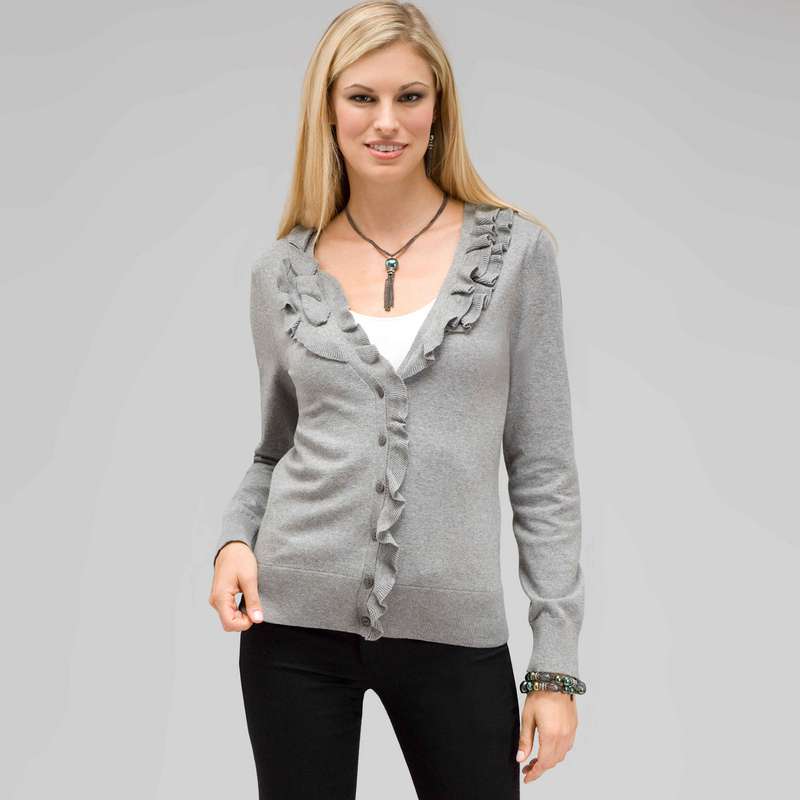 Ruffle Front V-Neck Cardigan, Grey Heather, large image number 0